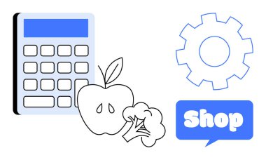 Elma ve brokolili bir hesap makinesi. Bir dişli ve maviler içinde bir dükkan tabelası. Çevrimiçi alışveriş için ideal, market bütçeleri, gıda yönetimi, e-ticaret, sağlıklı yaşam. Düz çizim biçimi