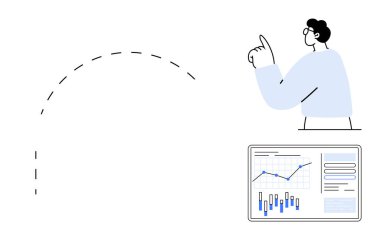 Person gesturing upwards near graph on screen with positive trend, emphasizing progress and success. Ideal for business growth, presentations, data analysis, finance, strategy planning, project clipart