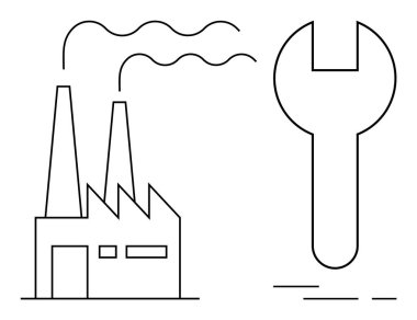 Büyük bir ingiliz anahtarının yanında sigara içen iki bacası olan bir fabrika. Sanayi, üretim, bakım, mühendislik, endüstriyel onarım, teknik destek ve üretkenlik temaları için idealdir. Pankart
