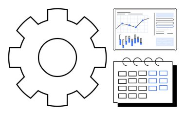 Analiz panelinin yanında çizelgeleri ve takvimi olan büyük vites simgesi. Proje planlaması, görev yönetimi, iş akışı optimizasyonu, iş stratejisi, verimlilik takibi, takım koordinasyonu için ideal