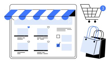 Çizgili tenteli dijital mağaza vitrinleri, ikonlu ürün listeleri, üç eşyalı alışveriş arabası ve alışveriş torbaları. E-ticaret, çevrimiçi alışveriş, dijital pazarlama, perakende ve tüketici için ideal