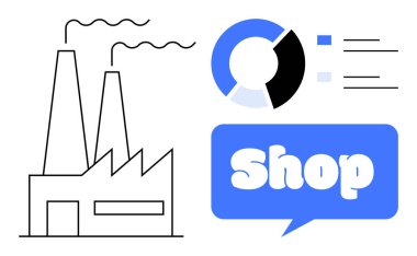 Görüntü, fabrika, veri analiz çizelgesi ve konuşma balonunda kelime dükkanını gösteriyor. Endüstriyel üretim, veri analizi, e-ticaret, iş stratejisi ve dijital dönüşüm için ideal. Basit vektör