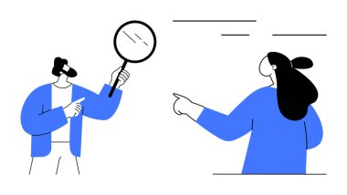 İki iş adamı, biri büyüteç tutuyor, diğeri işaret ediyor. Takım çalışması, veri analizi, işbirliği, iş, araştırma için ideal. Minimalist, temiz, modern stil