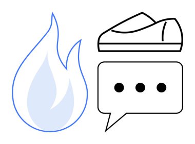 Konuşma baloncuğunun üstündeki çizgili ayakkabının yanında alevli bir sembol. Spor, motivasyon, iletişim, fitness, koşu etkinlikleri, takım çalışması, markalaşma için ideal. Satır metaforu