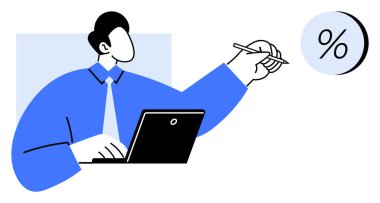 Profesyonel bir iş adamı dizüstü bilgisayarda çalışıyor ve elinde bir kalem tutuyor. Bu da yüzde sembolünü gösteriyor. Finans, yatırım, istatistik, muhasebe, satış analizi, iş stratejisi ve ekonomi için ideal
