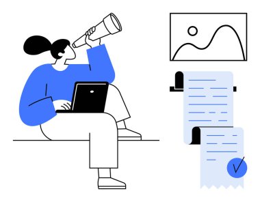 Diz üstü bilgisayar tutarken teleskop kullanan bir kadın duvardaki grafiği analiz ediyor. Aşağıda, üzerinde kontrol işareti olan uzun bir belge var. İş analizi, veri yorumlaması, stratejik planlama için ideal