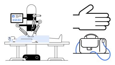 Kontrol ekranı ve mekanik kolları olan bir hasta robotik ameliyat geçiriyor. Boyut karşılaştırması için el hareketi. İçinde akıllı teknoloji elementleri olan çanta. Tıbbi, teknolojik ve otomasyon için ideal.