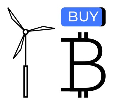 Satın alma düğmesinin altında büyük bir Bitcoin sembolünün yanında rüzgar türbini. Yeşil enerji, kripto para birimi, yatırımlar, teknoloji, sürdürülebilirlik, gelecek trendler, dijital ekonomi temaları için idealdir. Satır metaforu