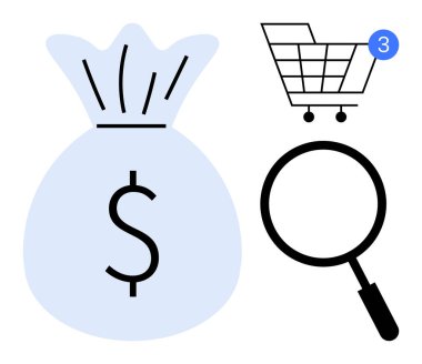 Dolar işaretli para çantası, tebligatlı alışveriş arabası, arama için büyüteç. E-ticaret, çevrimiçi alışveriş, finans, arama optimizasyonu, bütçe ve dijital pazarlama için ideal