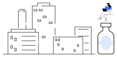 Yüksek binaların üzerinde, ilaç şişesinin yanında otururken dizüstü bilgisayar kullanan biri. Uzaktan çalışma, kentsel yaşam, sağlık, teknoloji, telekomünikasyon, eczacılık için ideal