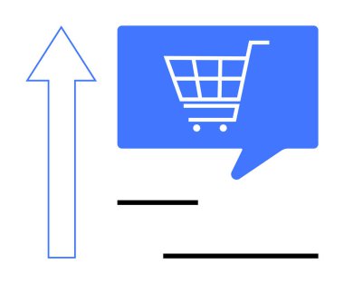 Alışveriş arabası ikonu, siyah çizgiler ve yukarı doğru ok içeren konuşma balonu e-ticaret büyümesini vurguluyor. Çevrimiçi alışveriş, iş büyümesi, dijital pazarlama, perakende başarı ve iş için ideal
