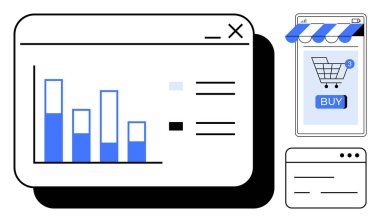 Bir bilgisayar ekranı ve cep telefonu bar çizelgeleri ve bir alışveriş arabası simgesi. E-ticaret, çevrimiçi alışveriş, veri analizi, dijital pazarlama ve satış izleme kavramlarını göstermek için ideal. Basit.