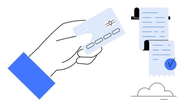 Parmak izi makbuzlarının yanında elinde bir kredi kartı tutuyor. Finansal işlemler, çevrimiçi ödemeler, e-ticaret, perakende ve bankacılık için ideal. Modern minimalist stil