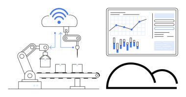 Endüstriyel robotik kol parçaları taşıyıcıda birleştiriyor, ağ sinyallerini gösteren bulut bağlantısı yukarıda. Ekran grafikleri, grafikleri ve veri içgörülerini gösterir. Üretim için ideal, IOT, otomasyon, Al