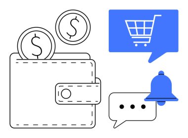 Para yönetimini simgeleyen bozuk paralarla dolu cüzdan, online alışveriş için konuşma baloncuğu içinde mavi alışveriş arabası iletişimi temsil eden sohbet balonu, bildirim zili. Finans ve e-ticaret için ideal