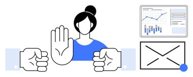 İş kadını el hareketleriyle duruyor, iki yumrukla çevrili, mali grafik, bilgisayar ekranı ve zarfla. Çatışma çözümü, ofis iletişimi ve iş ahlakı için ideal