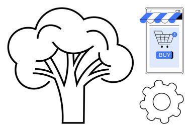 Simple line art showing a tree, online shopping cart on a mobile phone, and a gear. Ideal for ecommerce, technology, sustainability, digitalization, and environmental themes. Minimalist vector style clipart