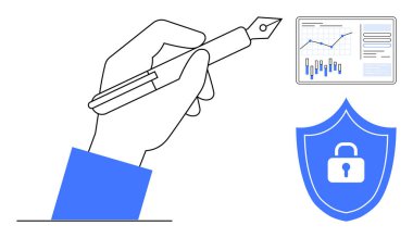 El ele tutuşan kalem, veri analiz çizelgesi ve kilit sembollü güvenlik kalkanı. İş stratejisi, veri analizi, siber güvenlik, finansal planlama, belgeler, çevrimiçi güvenlik, eğitim için ideal