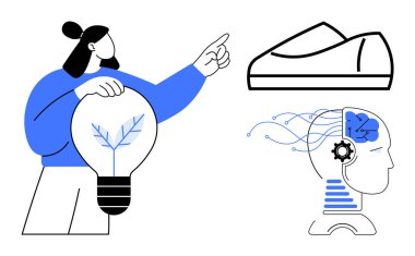 Elinde bitkili bir ampul tutan kişi, spor ayakkabı tasarımına ve devreleri ve dişlileri olan kafaya bakıyor. Teknoloji, yenilik, yapay zeka, yaratıcılık, icatlar, sürdürülebilirlik için ideal