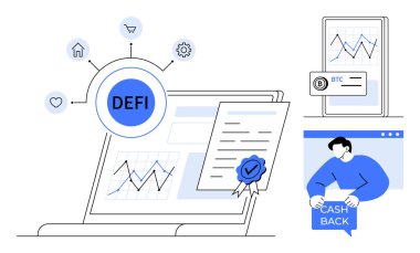 DEFI, finansal simgeler ve engelleme sertifikalı dizüstü bilgisayar. Akıllı telefon Bitcoin grafiğini gösteriyor. Elinde nakit para levhası tutan kişi. Finans, engelleme zinciri, dijital varlıklar, yatırım ve fintech için ideal