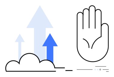 El hareketi, bulutlardan yükselen oklar yanında durması için sinyal veriyor. Teknoloji ve büyümeyi simgeliyor. Teknoloji, büyüme, başarı, sınırlama, internet, bulut hesaplaması ve dijital için ideal