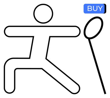 Çubuk adam raketle badminton oynuyor, mavi düğmeli. Spor mağazaları, online alışveriş, sağlık promosyonu, egzersiz programları, fitness uygulamaları, pazarlama, aktif yaşam tarzı için ideal. Çizgi