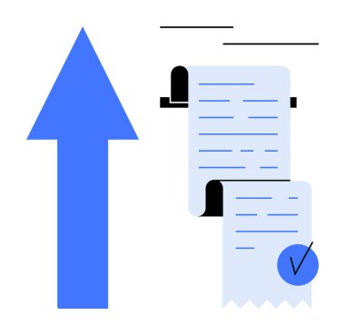 Finansal belgelerin yanında üzerinde işaret olan büyük mavi bir ok. Ticari büyüme, mali başarı, ilerleme görselleştirme, ekonomik eğilimler ve başarıların temsil edilmesi için ideal