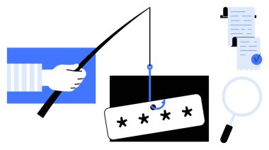 Parola etiketli, belgeli ve büyüteçli olta kamışı tutan bir el. Siber güvenlik, fenomen farkındalığı, çevrimiçi güvenlik, dolandırıcılığı önleme, bilişim eğitimi için ideal. Temiz, modern, minimal