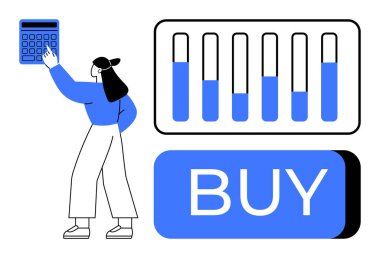 Kadın karakter finans çubuğu grafiği ve büyük bir satın alma düğmesi önünde hesap makinesi kullanır. Finans, yatırım, çevrimiçi alışveriş, karar verme, ekonomi, bütçe ve pazarlama için ideal