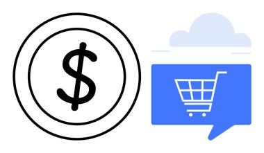 Bir bulutun altındaki sohbet balonunda mavi bir alışveriş arabası ikonunun yanındaki dairesel çerçevenin içindeki dolar sembolü. E-ticaret, çevrimiçi ödeme, dijital perakende, bulut hizmetleri, finans teknolojisi, İnternet için ideal