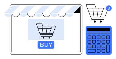 Satın alma düğmeli tablet, üç öğeli alışveriş arabası simgesi ve hesap makinesi. Ecommerce, online alışveriş, dijital pazarlama, perakende yönetimi, finansal planlama, web tasarımı, tüketici