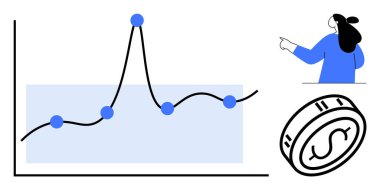Verilerin yer aldığı bir işletme büyüme çizelgesi, işaret eden bir kadın ve finansal başarıyı vurgulayan bir sikke simgesi. Mali raporlar, veri analizleri, iş sunumları, ekonomik eğilimler için ideal