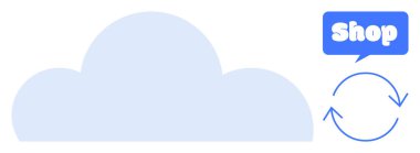 Mavi bir dükkan kutusu ve mavi geri dönüşüm sembolü olan büyük açık mavi bir bulut. Çevrimiçi alışveriş, çevre dostu uygulamalar, bulut hizmetleri, dijital pazar, sürdürülebilirlik için ideal