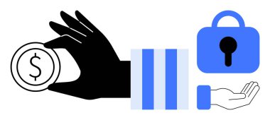 Birikimleri sembolize eden bir para, güvenliği temsil eden bir asma kilit, ve vermek ya da almak anlamına gelen açık bir el. Finans, güvenlik, tasarruf, yatırımlar ve mali yönetim için ideal