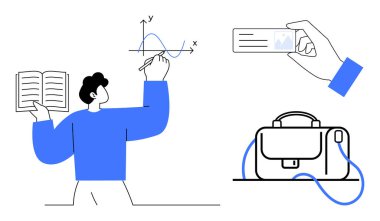 Adam elinde kitap, elinde kimlik kartı, masasında evrak çantası tutarken çizim yapıyor. Eğitim, iş, eğitim, ofis işleri, profesyonellik, sunumlar ve organizasyonel temalar için idealdir. Çizgi