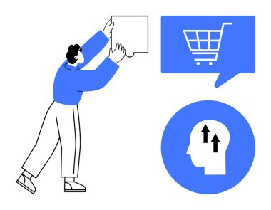 Mavi simgeler yukarı doğru ok atan alışveriş arabalarını ve kafalarını sergilerken bir kare ayarlayan kişi. E-ticaret, yenilik, büyüme, kullanıcı ilgisi, stratejik planlama, çevrimiçi alışveriş için ideal