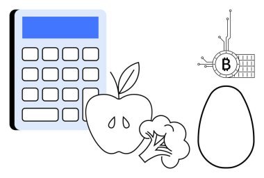 Elmalı brokoli ve yumurtanın yanında dijital bir hesap makinesi. İçinde kripto para birimi sembolü de var. Beslenme finansmanı için ideal sağlık teknolojisi ve iş. Modern ve minimalist stil