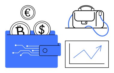 Mavi elektronik cüzdanda kripto para birimleri, iş simgeleyen evrak çantası ve yükselen trend grafiği var. Finans, kripto para birimi, yatırım, iş büyümesi, teknoloji ve ekonomi için ideal