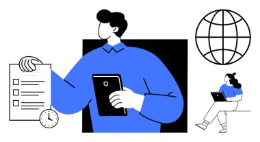 Man holding a checklist and tablet, with a clock and a global icon. Woman working on laptop. Ideal for project management, teamwork, time management, productivity, remote work, digital tools, global clipart