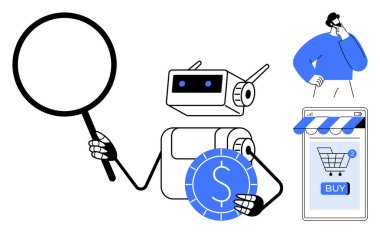 Robot elinde büyüteç ve bozuk para ile online alışveriş arabasının önünde elinde satın alma düğmesiyle duruyor. E-ticaret, teknoloji, yapay zeka, alışveriş ve arama temaları için ideal. Basit, modern, gelecekçi.