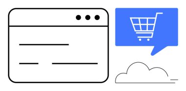 E-ticaret sitesi arayüzü, içinde bir alışveriş arabası sembolü ve stilize bir bulut bulunan mavi bir konuşma balonunun yanındaki metni temsil eden satırlarla birlikte. Çevrimiçi alışveriş için ideal, e-ticaret platformları, dijital