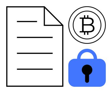 Bir belge simgesi, bir Bitcoin sembolü ve bir kilit simgesi görünür. Dijital güvenlik, kripto para birimi, veri şifreleme, çevrimiçi mahremiyet ve güvenli işlem temaları için ideal. Minimalist modern tarz