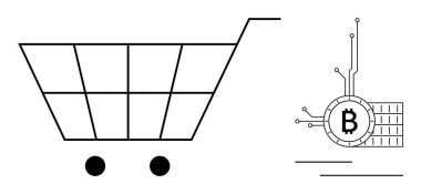 Basit bir alışveriş arabası çizimi ve dijital devre çizgileri olan Bitcoin sembolü. E-ticaret, kripto para birimi, dijital para birimi, online alışveriş ve finans teknolojisi temaları için ideal. Minimalist