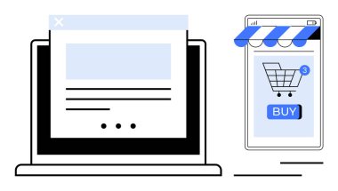 Çevrimiçi alışveriş arayüzlerini gösteren bir laptop ve akıllı telefon. Çevrimiçi ticaret, dijital pazarlama, teknoloji, perakende satış ve web tasarım temaları için idealdir. Renk şeması mavi, siyah ile minimalistiktir