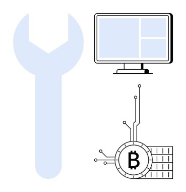 Büyük mavi bir anahtar, birden fazla penceresi olan bir bilgisayar monitörü ve devre bağlantıları olan bir Bitcoin sembolü görülebilir. Teknoloji, dijital araçlar, kripto para birimi, engelleme zinciri ve bilişim için ideal
