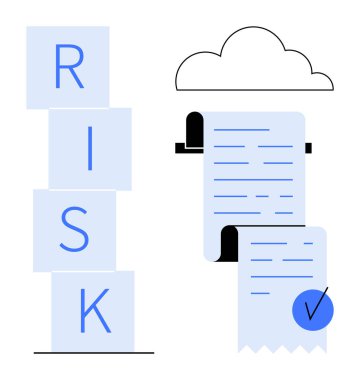 Bloklar kontrol işaretli ve bulut sembollü bir kontrol listesine bitişik RISK yazarlar. İş için ideal, veri güvenliği, risk yönetimi, teknoloji, uyum. Temiz ve minimalist stil