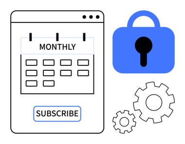 Abone düğmesi, mavi kilit ve vitesli aylık takvim. Abonelik hizmetleri, çevrimiçi güvenlik, bakım planları, kullanıcı yönetimi ve dijital içerik için ideal. Temiz, modern, minimal