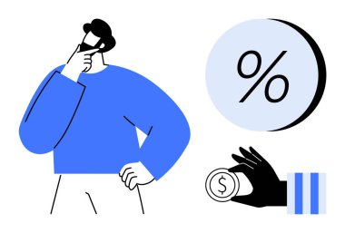 Düşünce içinde çenesini tutan adam, yüzde işareti, bozuk para tutan el. Finansal planlama, yatırım analizi, faiz oranları, bütçe düzenlemesi, ekonomik kararlar, tasarruf stratejileri, para