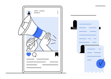 Mobil ekranda gösterilen, duyuruları sembolize eden bir megafon. Faturalar ve tebligatlar da mevcut. Sosyal medya pazarlama, reklam kampanyaları, çevrimiçi promosyonlar, dijital promosyonlar için ideal