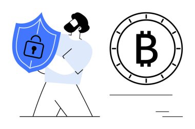Elinde Bitcoin sembolünün yanında mavi bir kalkan tutan adam dijital güvenliği vurguluyor. Kripto para birimi, engelleme zinciri, İnternet güvenliği, finansal güvenlik, fintech, veri koruması için ideal